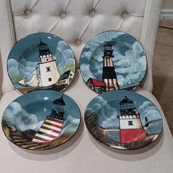 Sakura Other - Sakura Nautical Theme Salad Plates "By The Sea" Lighthouses 8" Set of 4 EUC